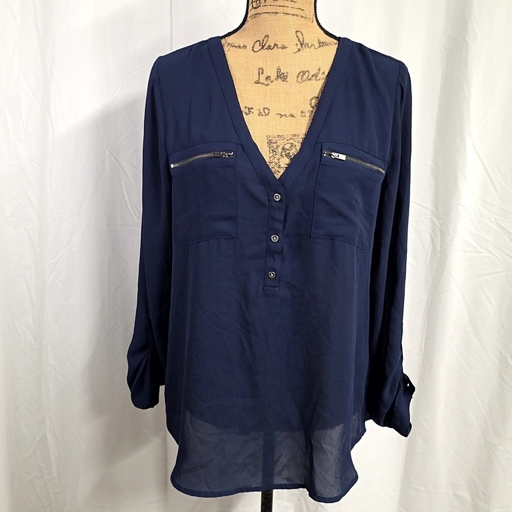 Maurices Womens M Navy Blue Blouse V Neck Roll‎ Tab Sleeve Zip Pocket Sheer